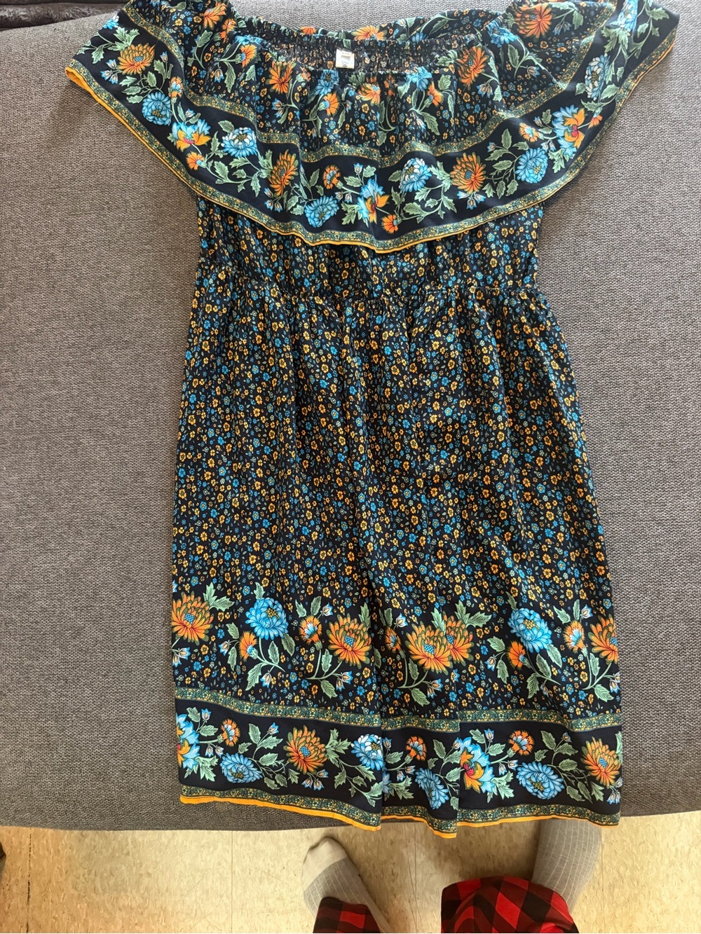 Off-Shoulder Floral Maxi Dress in Black with Blue & Orange Flowers from Amazon